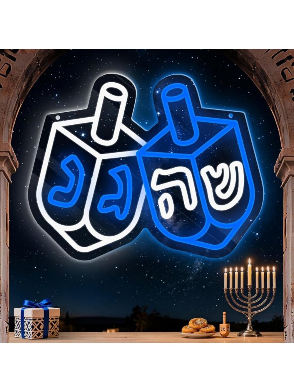 Neon Dreidel Sign - Blue & White LED Chanukah Decor for Home, Window